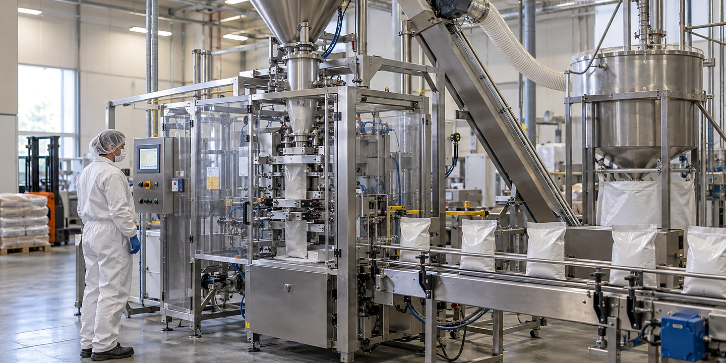A guarded powder pouch line in production with hopper, dosing station, local dust extraction and sealed pouches on discharge.